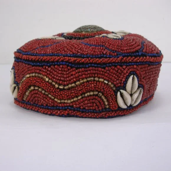 BEADED COWIRE SHELL SILVER TURQUOISE CULTURAL ETHNIC TRIBAL HAT HAND MADE Hats